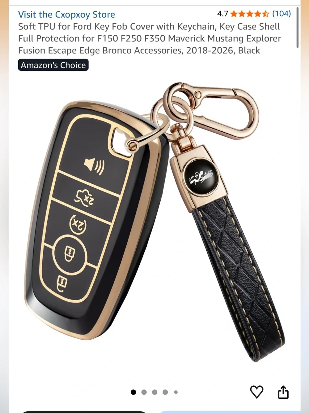 2018-2026 Ford Black Quilted Leather Strap Key Fob Cover with Gold Hardware